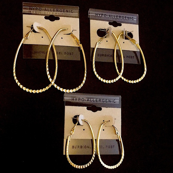 Tear Drop Hoop Earring Lot of 3 Hypo-allergenic Surgical Steel Post Earrings NIP - Picture 1 of 12